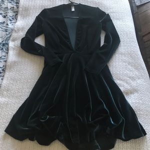 Green Velvet Plunge V-Neck Mini Dress